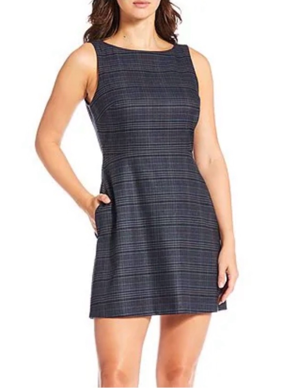 NWT Gianni Bini Charlotte Crepe Plaid Print Boat Neck Sleeveless A-Line Dress 12